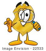 #22533 Clip Art Graphic Of A Gold Law Enforcement Police Badge Cartoon Character Looking Through A Magnifying Glass