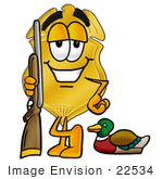 #22534 Clip Art Graphic Of A Gold Law Enforcement Police Badge Cartoon Character Duck Hunting Standing With A Rifle And Duck