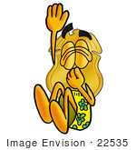 #22535 Clip Art Graphic Of A Gold Law Enforcement Police Badge Cartoon Character Plugging His Nose While Jumping Into Water