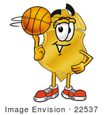 #22537 Clip Art Graphic Of A Gold Law Enforcement Police Badge Cartoon Character Spinning A Basketball On His Finger
