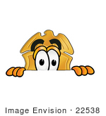 #22538 Clip Art Graphic Of A Gold Law Enforcement Police Badge Cartoon Character Peeking Over A Surface