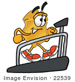#22539 Clip Art Graphic Of A Gold Law Enforcement Police Badge Cartoon Character Walking On A Treadmill In A Fitness Gym