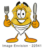 #22541 Clip Art Graphic Of A Gold Law Enforcement Police Badge Cartoon Character Holding A Knife And Fork