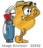 #22542 Clip Art Graphic Of A Gold Law Enforcement Police Badge Cartoon Character Swinging His Golf Club While Golfing