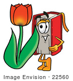 #22560 Clip Art Graphic Of A Book Cartoon Character With A Red Tulip Flower In The Spring