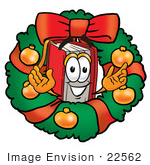 #22562 Clip Art Graphic Of A Book Cartoon Character In The Center Of A Christmas Wreath