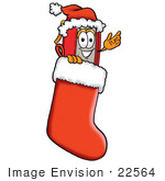 #22564 Clip Art Graphic Of A Book Cartoon Character Wearing A Santa Hat Inside A Red Christmas Stocking