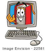 #22581 Clip Art Graphic Of A Book Cartoon Character Waving From Inside A Computer Screen