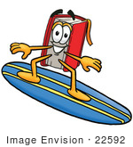 #22592 Clip Art Graphic Of A Book Cartoon Character Surfing On A Blue And Yellow Surfboard