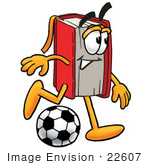 #22607 Clip Art Graphic Of A Book Cartoon Character Kicking A Soccer Ball