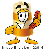 #22616 Clip Art Graphic Of A Construction Road Safety Barrel Cartoon Character Holding A Telephone
