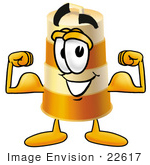 #22617 Clip Art Graphic Of A Construction Road Safety Barrel Cartoon Character Flexing His Arm Muscles