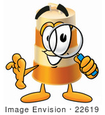 #22619 Clip Art Graphic Of A Construction Road Safety Barrel Cartoon Character Looking Through A Magnifying Glass