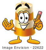 #22622 Clip Art Graphic Of A Construction Road Safety Barrel Cartoon Character Holding A Pencil