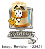 #22624 Clip Art Graphic Of A Construction Road Safety Barrel Cartoon Character Waving From Inside A Computer Screen