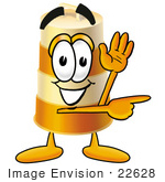 #22628 Clip Art Graphic Of A Construction Road Safety Barrel Cartoon Character Waving And Pointing