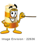 #22636 Clip Art Graphic Of A Construction Road Safety Barrel Cartoon Character Holding A Pointer Stick