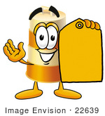 #22639 Clip Art Graphic Of A Construction Road Safety Barrel Cartoon Character Holding A Yellow Sales Price Tag