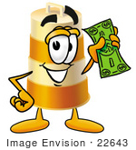 #22643 Clip Art Graphic Of A Construction Road Safety Barrel Cartoon Character Holding A Dollar Bill
