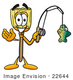 #22644 Clip Art Graphic Of A Straw Broom Cartoon Character Holding A Fish On A Fishing Pole