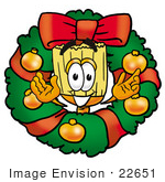 #22651 Clip Art Graphic Of A Straw Broom Cartoon Character In The Center Of A Christmas Wreath