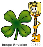 #22652 Clip Art Graphic Of A Straw Broom Cartoon Character With A Green Four Leaf Clover On St Paddy’S Or St Patricks Day