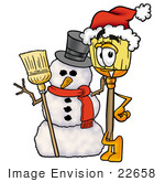 #22658 Clip Art Graphic Of A Straw Broom Cartoon Character With A Snowman On Christmas