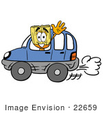 #22659 Clip Art Graphic Of A Straw Broom Cartoon Character Driving A Blue Car And Waving
