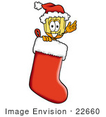 #22660 Clip Art Graphic Of A Straw Broom Cartoon Character Wearing A Santa Hat Inside A Red Christmas Stocking