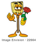 #22664 Clip Art Graphic Of A Straw Broom Cartoon Character Holding A Red Rose On Valentines Day
