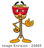 #22665 Clip Art Graphic Of A Straw Broom Cartoon Character Wearing A Red Mask Over His Face