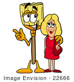 #22666 Clip Art Graphic Of A Straw Broom Cartoon Character Talking To A Pretty Blond Woman