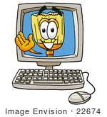 #22674 Clip Art Graphic Of A Straw Broom Cartoon Character Waving From Inside A Computer Screen