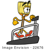 #22676 Clip Art Graphic Of A Straw Broom Cartoon Character Walking On A Treadmill In A Fitness Gym