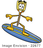 #22677 Clip Art Graphic Of A Straw Broom Cartoon Character Surfing On A Blue And Yellow Surfboard