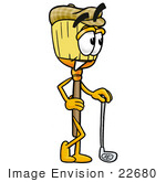 #22680 Clip Art Graphic Of A Straw Broom Cartoon Character Leaning On A Golf Club While Golfing