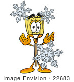 #22683 Clip Art Graphic Of A Straw Broom Cartoon Character With Three Snowflakes In Winter