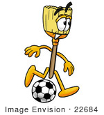 #22684 Clip Art Graphic Of A Straw Broom Cartoon Character Kicking A Soccer Ball