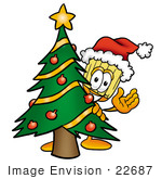 #22687 Clip Art Graphic Of A Straw Broom Cartoon Character Waving And Standing By A Decorated Christmas Tree