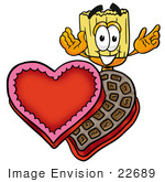 #22689 Clip Art Graphic Of A Straw Broom Cartoon Character With An Open Box Of Valentines Day Chocolate Candies