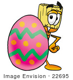 #22695 Clip Art Graphic Of A Straw Broom Cartoon Character Standing Beside An Easter Egg