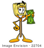 #22704 Clip Art Graphic Of A Straw Broom Cartoon Character Holding A Dollar Bill