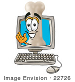 #22726 Clip Art Graphic Of A Bone Cartoon Character Waving From Inside A Computer Screen