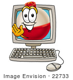 #22733 Clip Art Graphic Of A Fishing Bobber Cartoon Character Waving From Inside A Computer Screen