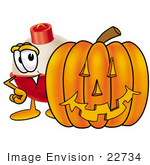 #22734 Clip Art Graphic Of A Fishing Bobber Cartoon Character With A Carved Halloween Pumpkin