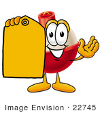 #22745 Clip Art Graphic Of A Fishing Bobber Cartoon Character Holding A Yellow Sales Price Tag