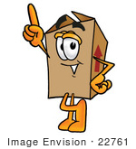 #22761 Clip Art Graphic Of A Cardboard Shipping Box Cartoon Character Pointing Upwards