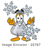 #22767 Clip Art Graphic Of A Beaker Laboratory Flask Cartoon Character With Three Snowflakes In Winter