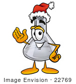 #22769 Clip Art Graphic Of A Beaker Laboratory Flask Cartoon Character Wearing A Santa Hat And Waving