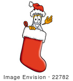 #22782 Clip Art Graphic Of A Beaker Laboratory Flask Cartoon Character Wearing A Santa Hat Inside A Red Christmas Stocking